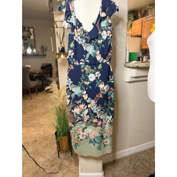 Oasis Fitzwilliam Museum Bird Butterfly Botanical Frill Cold Shoulder Midi Dress - Picture 2 of 7